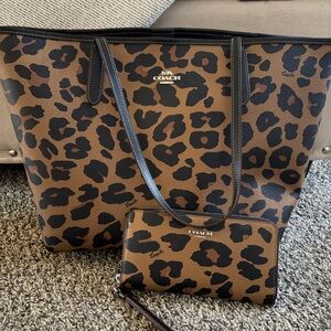 Coach Animal Print Tote and Wristlet - Brown and Black